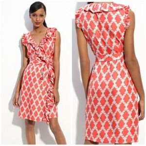 KATE SPADE Aubrey Script Scroll Print Silk Ruffle Wrap Dress Size 8